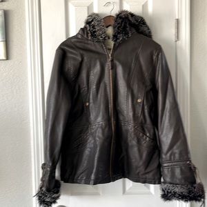 An imitation leather coat with hood